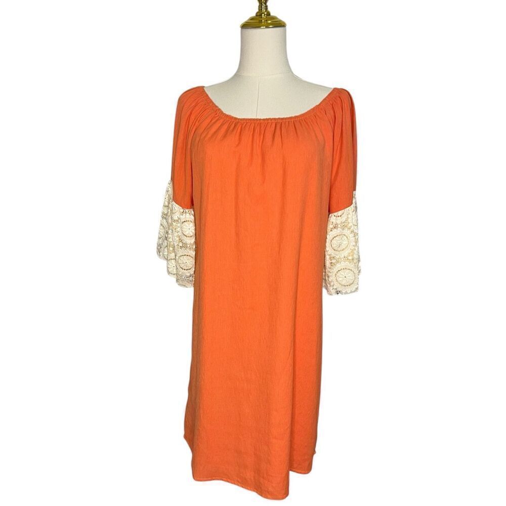Umgee Women’s Small Crochet‎ Bell Sleeve Shift Dress Orange